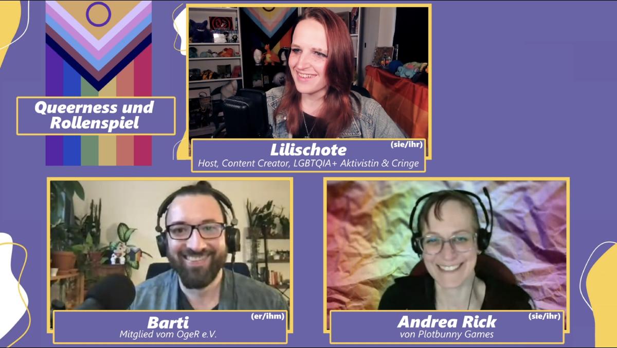 Bild aus dem Stream, lila Hintergrund und progressiv Pride-Flagge, darauf werden jeweils das Webcam-Bild von Lilischote, Barti und Andrea Rick eingeblendet. Alle drei lächeln in die Kamera.