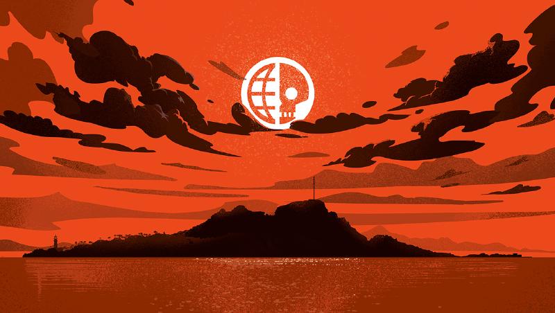 Vollständig in rot, schwarz weiß: Meer, in weiter Ferne eine Insel mit einigen hohen Bergen, vermutlich einem Leuchturm, Wäldern und Funkturm. Ein klarer Himmel der nur durch ein paar schwarze Wolken unterbrochen wird. Ein weißes Logo schwebt über den Insel, es zeigt einen Kreis, die eine hälfte ist eine Weltkugel, die andere ein Totenkopf