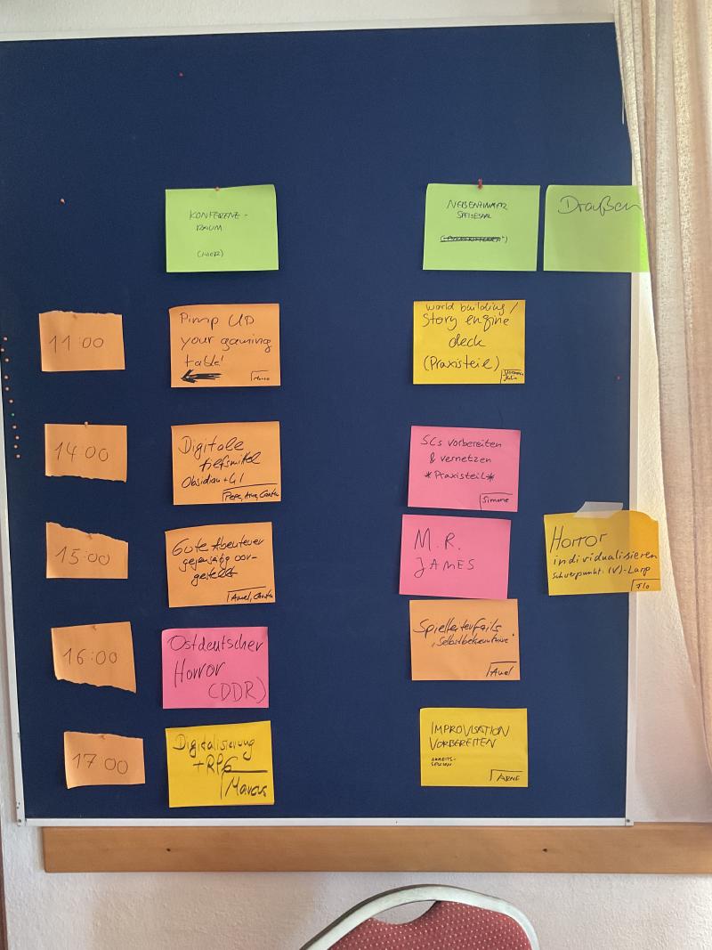 Pinnwand mit orangen, gelben und grünen Karten. Angeordneten als Stundenplan von 11:00 Uhr bis 17:00 Uhr.