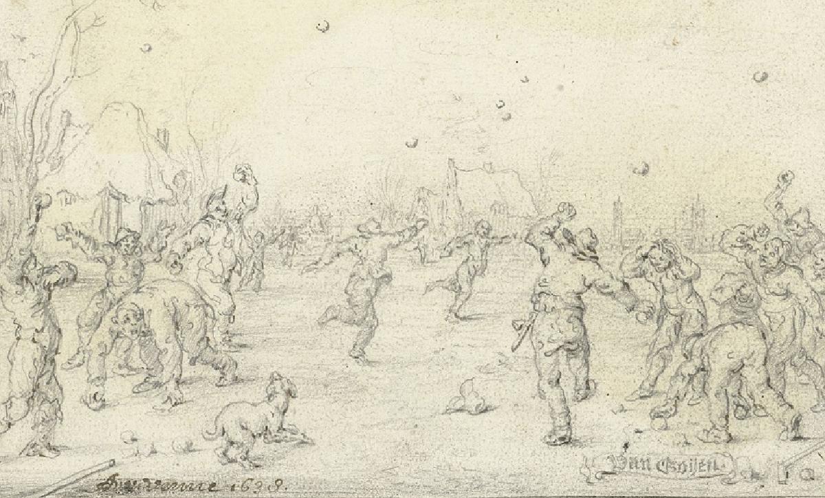 Eine bleistift zeichnung einer Schneeballschlacht auf braunem Papier. Links und rechts sind Gruppen von Menschen zu sehen, die Schneebälle fliegen im hohen Bogen durch die Luft und im Hintergrund sind einige Häuser angedeutet.